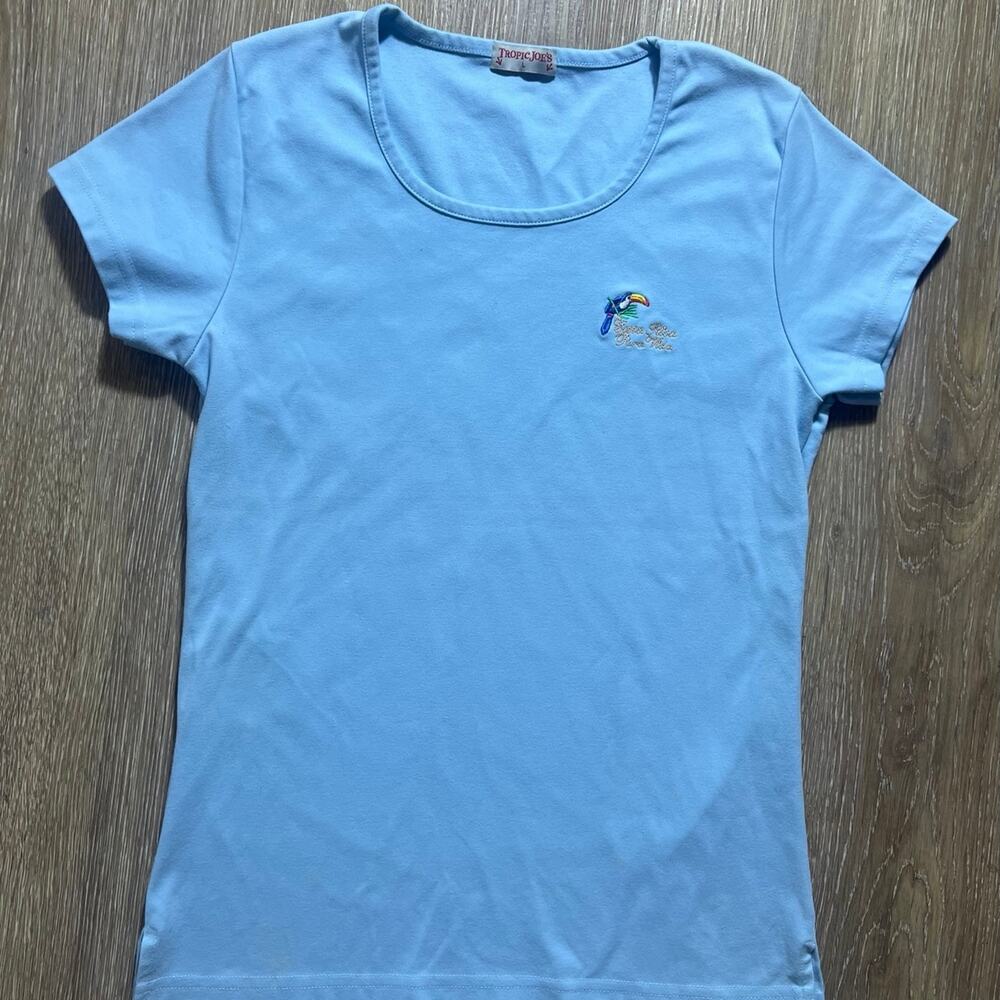 Tropic Joes Costa Rica Baby Tee Blue Embroidered Toucan T-Shirt Vintage Large